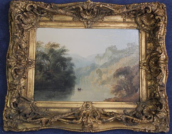 Early 19th century English School Anglers in river landscapes, 12 x 16.5in., ornate gesso frames